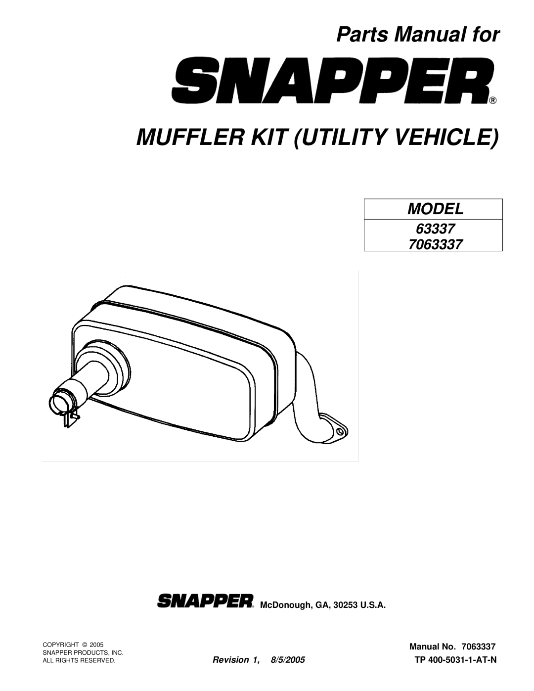 Snapper 7063337 manual Muffler KIT Utility Vehicle 