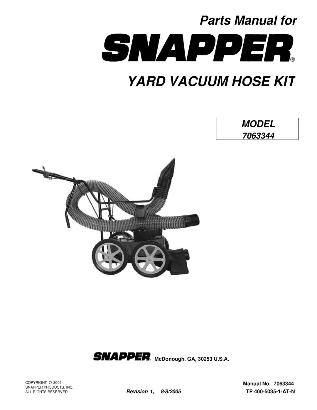 Snapper 7063344 manual Yard Vacuum Hose KIT 