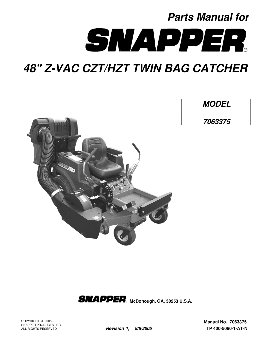 Snapper 7063375 manual VAC CZT/HZT Twin BAG Catcher 