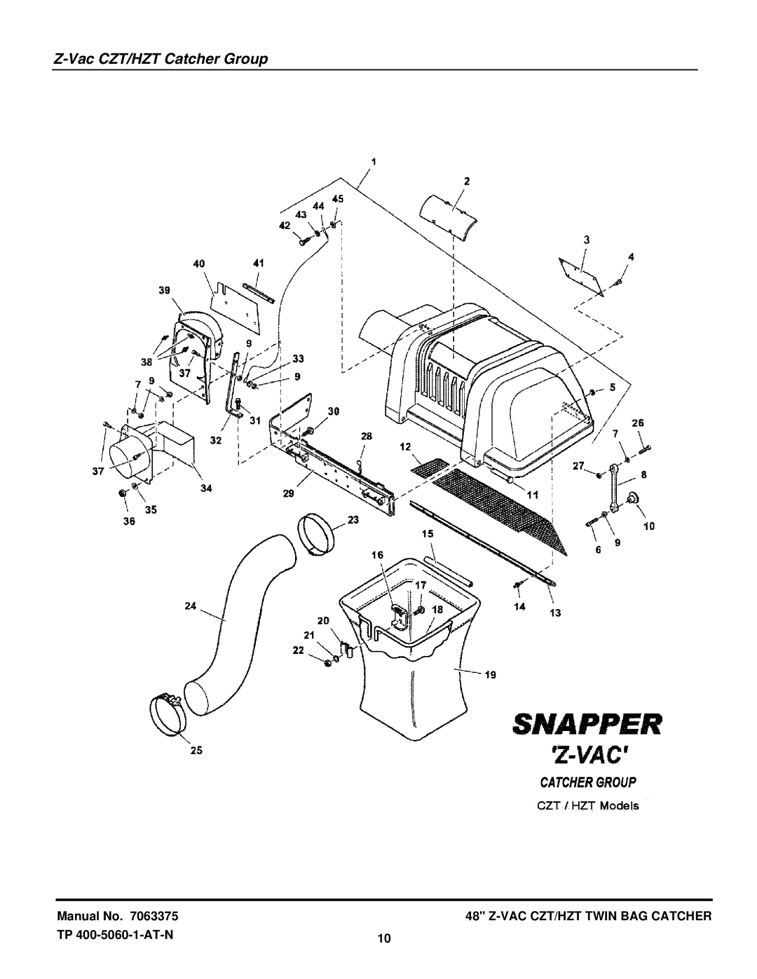 Snapper 7063375 manual Vac CZT/HZT Catcher Group 