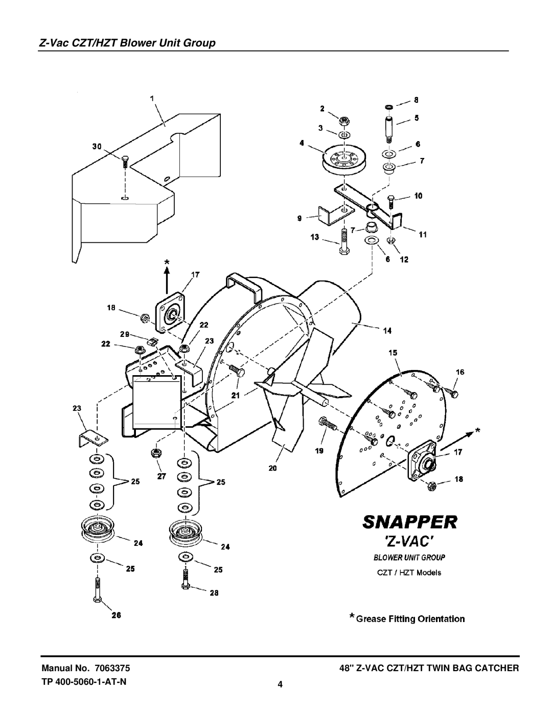 Snapper 7063375 manual Vac CZT/HZT Blower Unit Group 