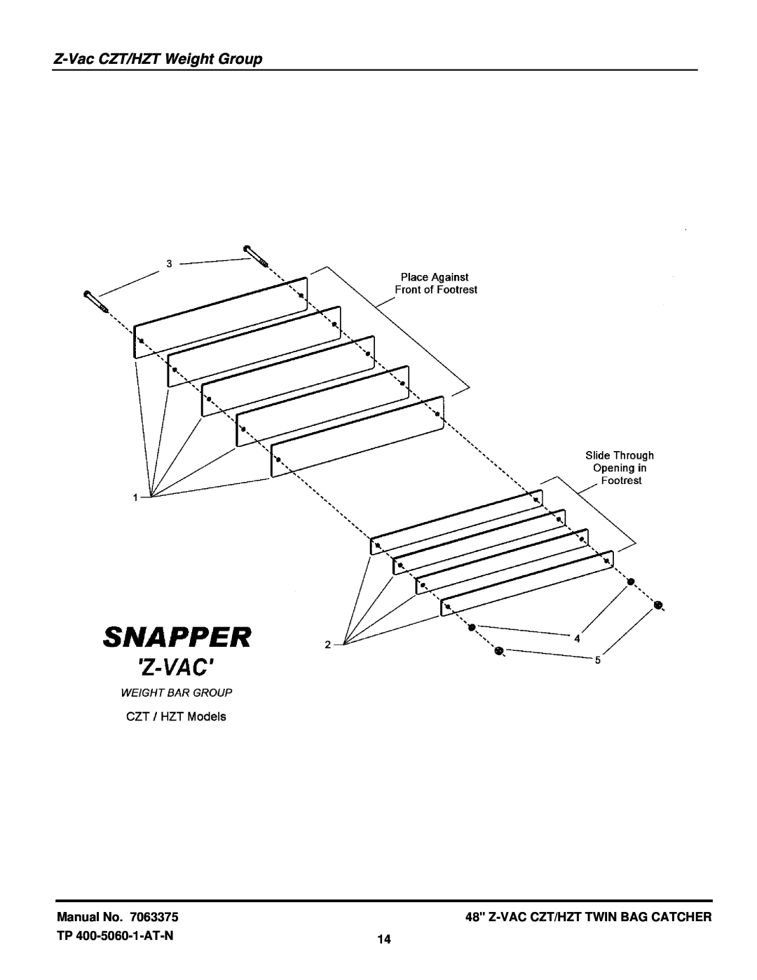 Snapper 7063375 manual Z-Vac CZT/HZT Weight Group, Manual No, Z-Vac Czt/Hzt Twin Bag Catcher, TP 400-5060-1-AT-N 
