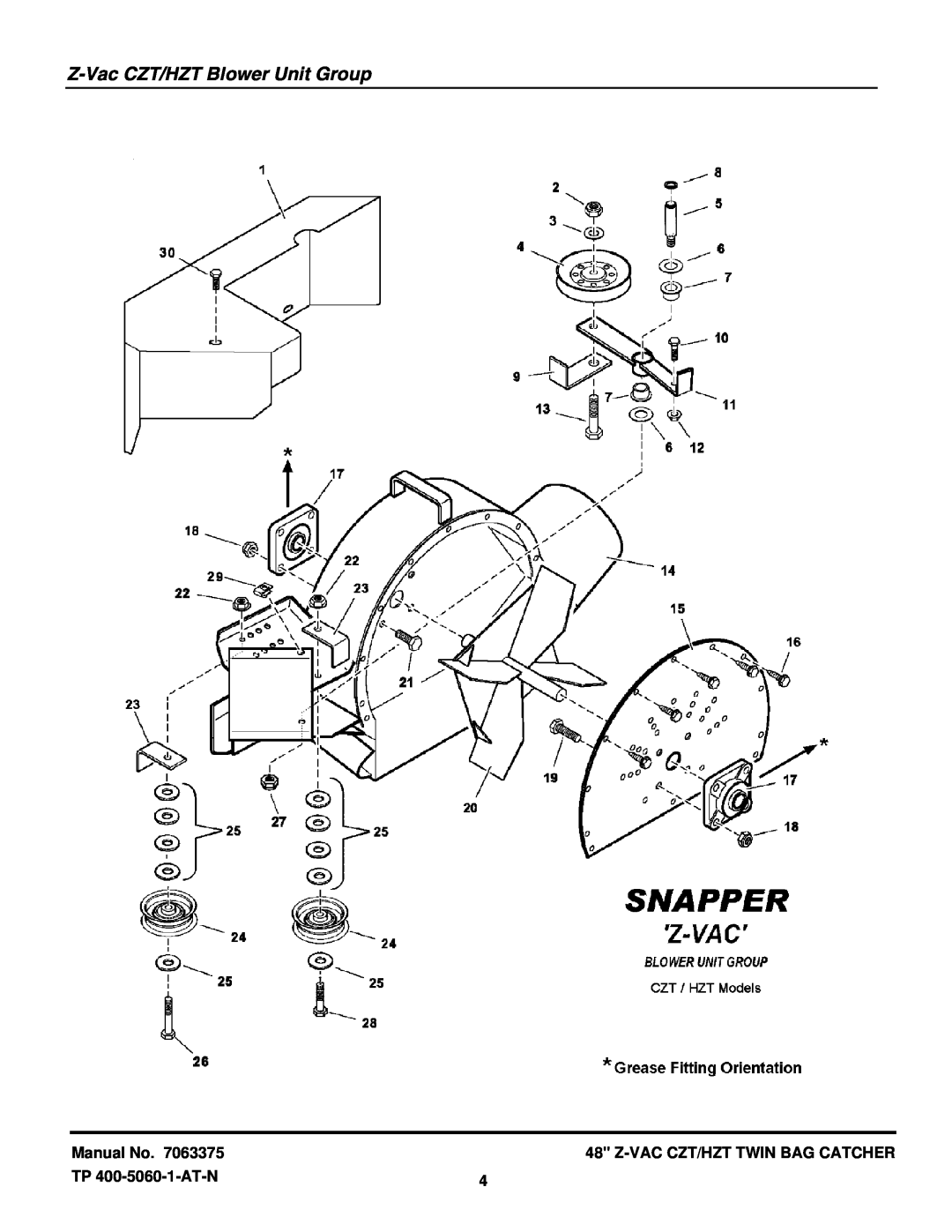 Snapper 7063375 manual Z-Vac CZT/HZT Blower Unit Group, Manual No, Z-Vac Czt/Hzt Twin Bag Catcher, TP 400-5060-1-AT-N 