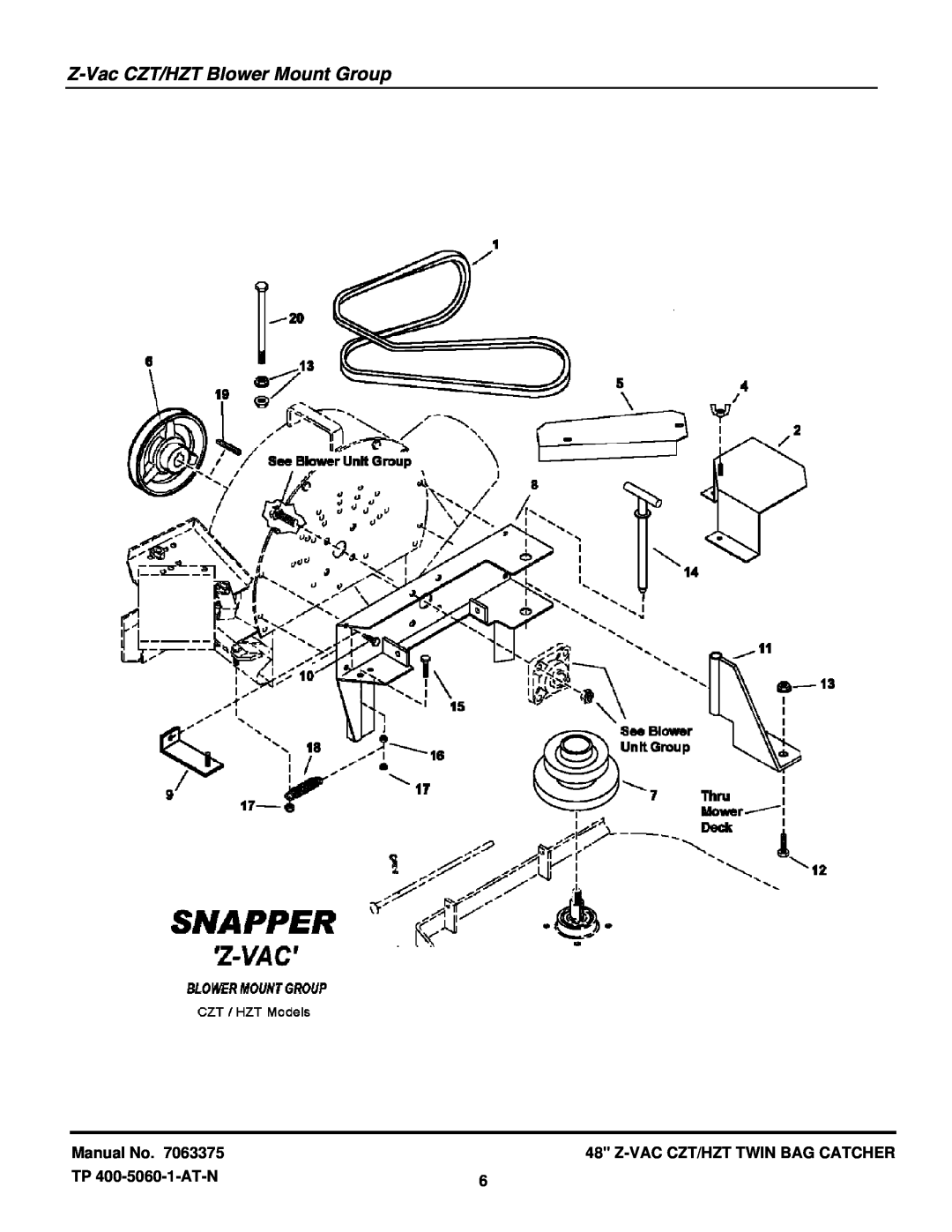 Snapper 7063375 manual Z-Vac CZT/HZT Blower Mount Group, Manual No, Z-Vac Czt/Hzt Twin Bag Catcher, TP 400-5060-1-AT-N 
