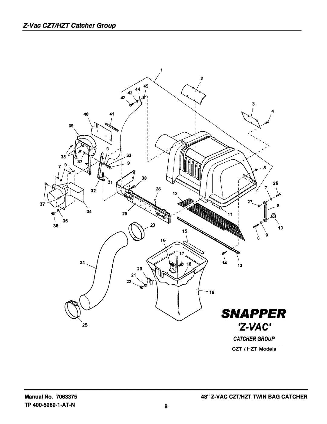 Snapper 7063375 manual Z-Vac CZT/HZT Catcher Group, Manual No, Z-Vac Czt/Hzt Twin Bag Catcher, TP 400-5060-1-AT-N 