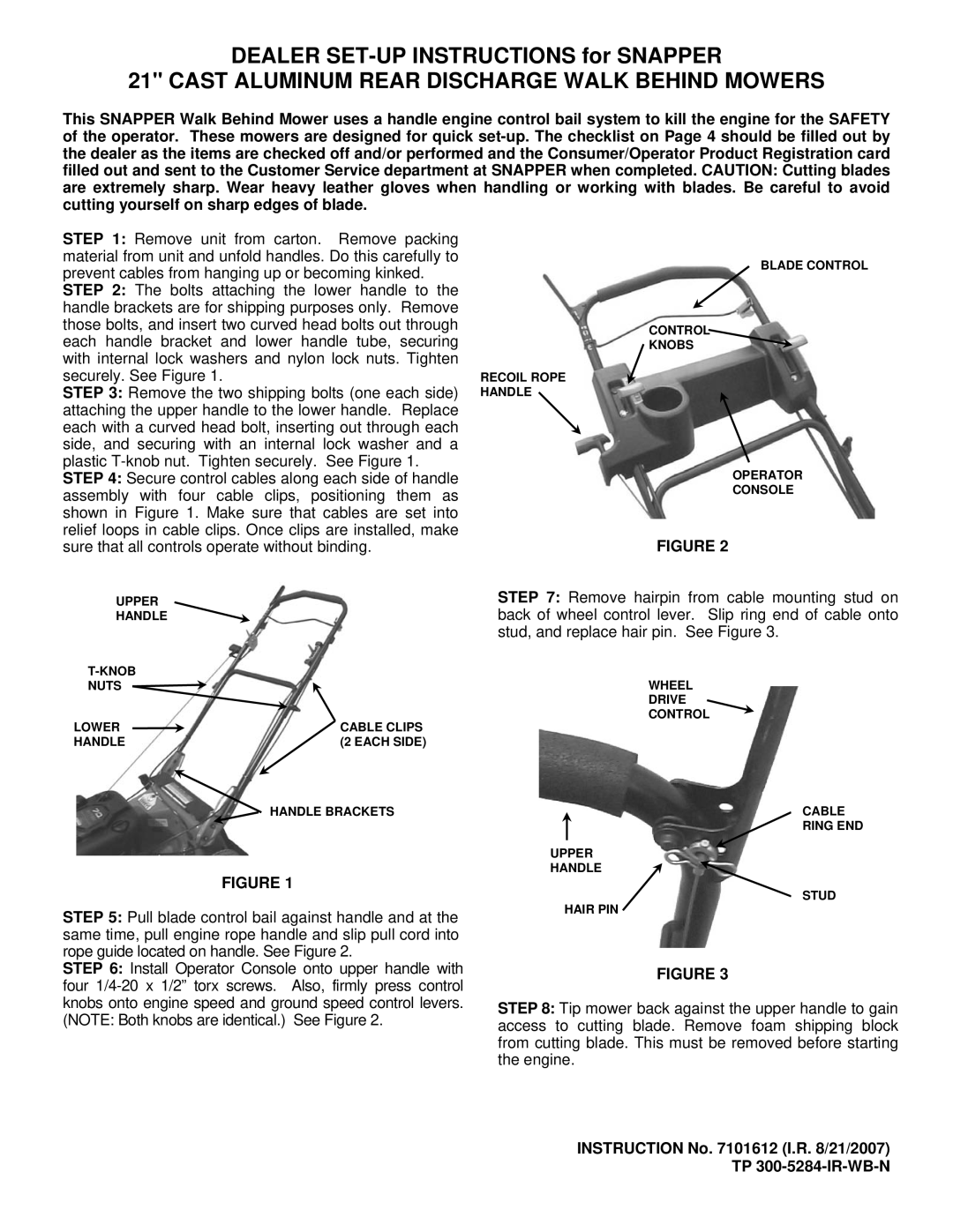 Snapper 7101612 manual Cast Aluminum Rear Discharge Walk Behind Mowers 