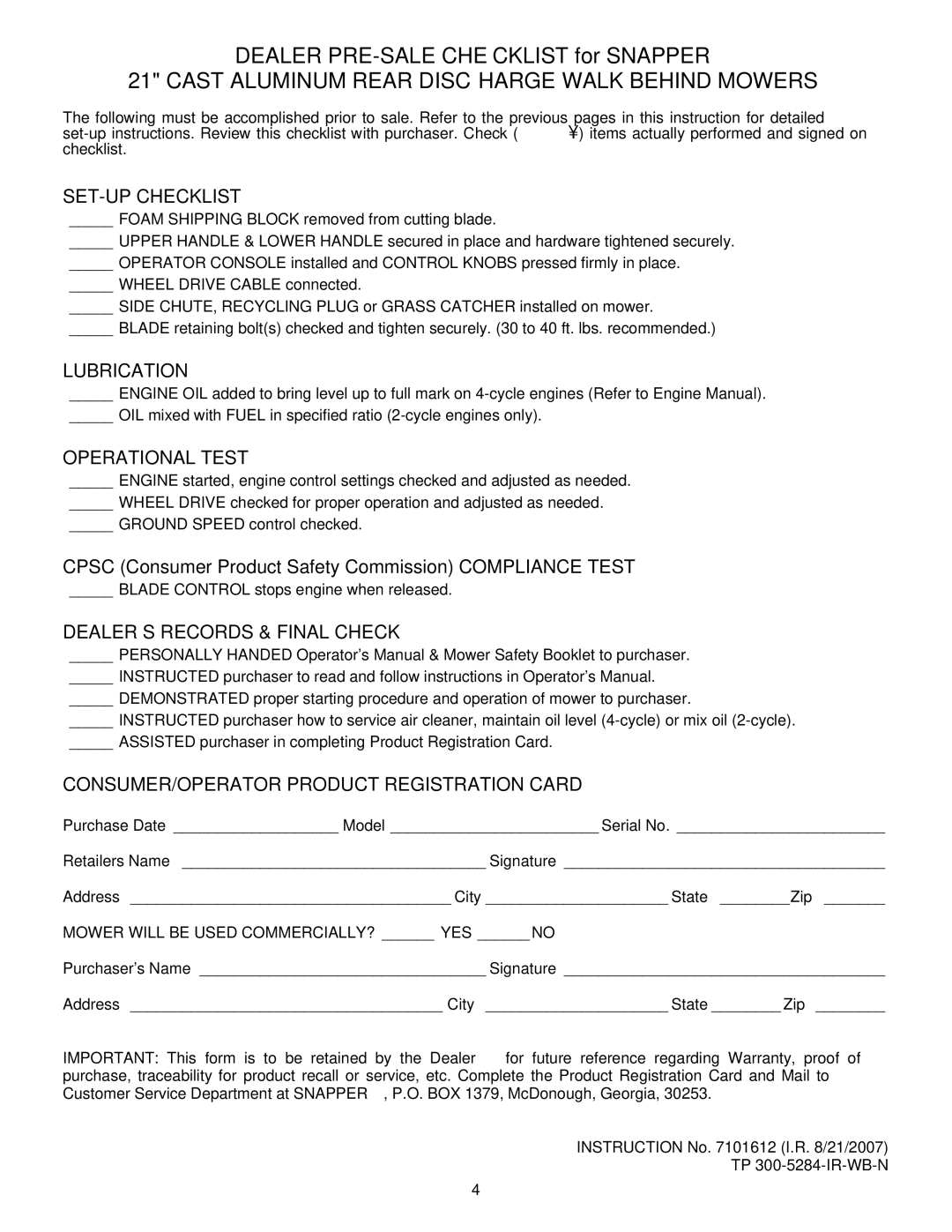 Snapper 7101612 manual Dealer PRE-SALE Checklist for Snapper 