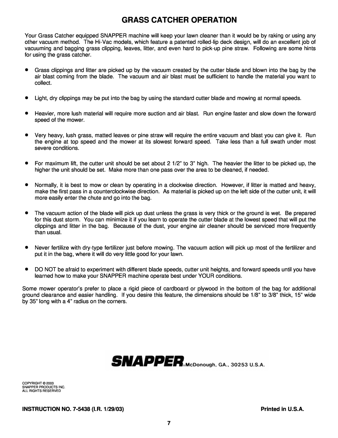 Snapper 75438 manual Grass Catcher Operation, INSTRUCTION NO. 7-5438I.R. 1/29/03 