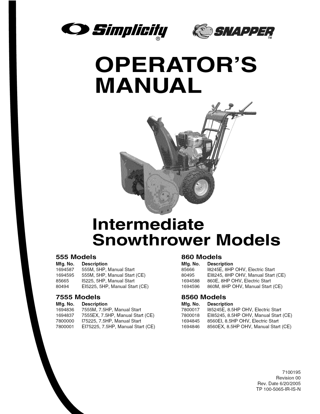 Snapper 8560, 7555 manual Intermediate, Snowthrower, Models, Operators, MANUAl, Bimplicilq SNAPPER, Mfg. No, Description 
