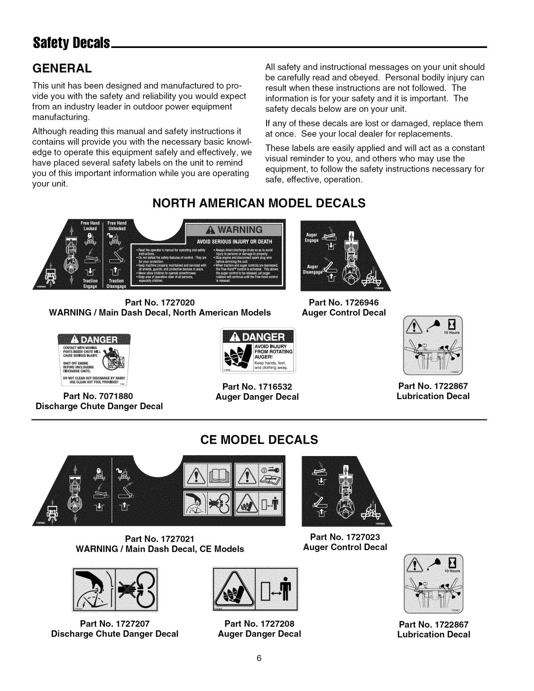 Snapper 8560, 7555 manual SafetyDecals, General, North American Model Decals, Ce Model Decals 