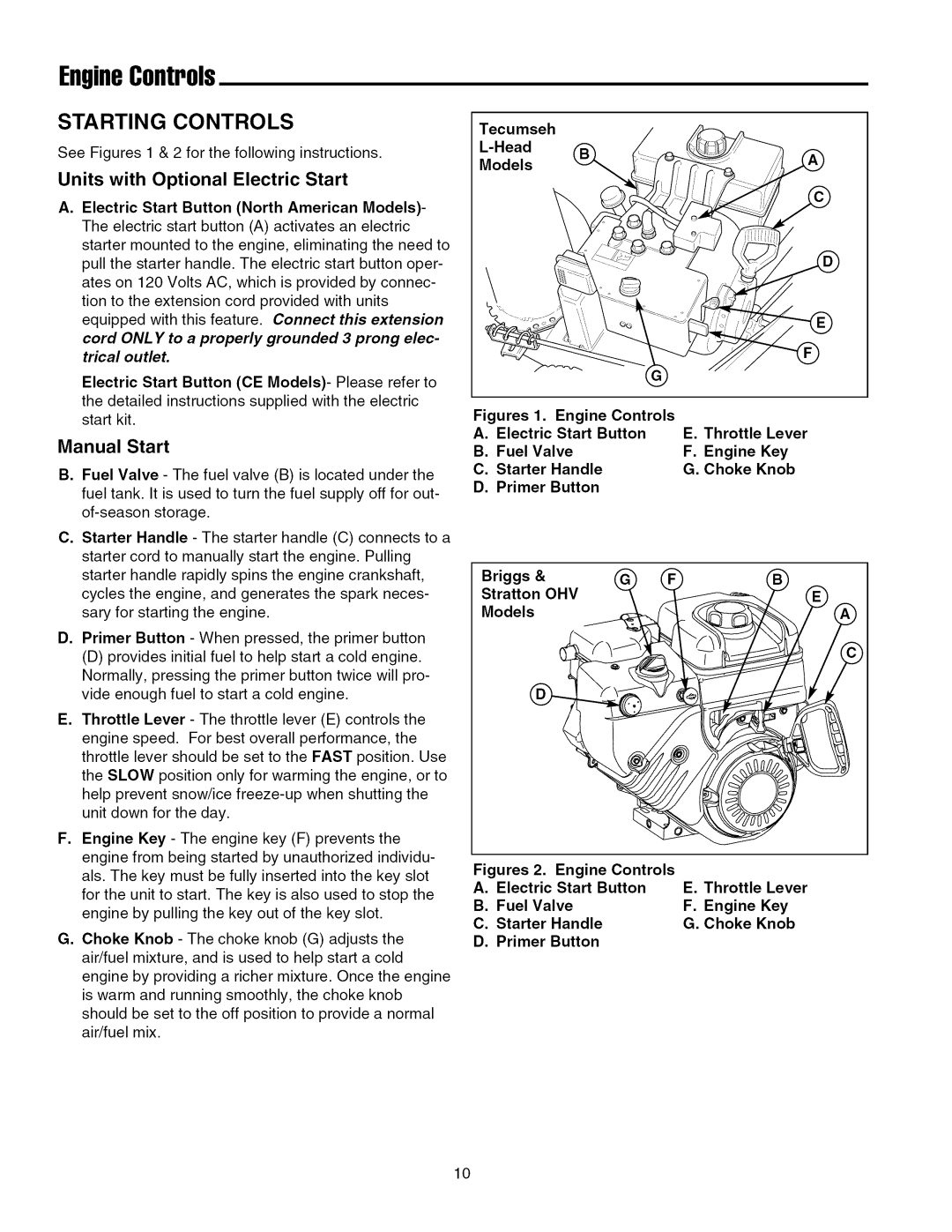 Snapper 8560 EngineControls, Starting Controls, Manual Start, Electric Start Button North American Models, Head Models 