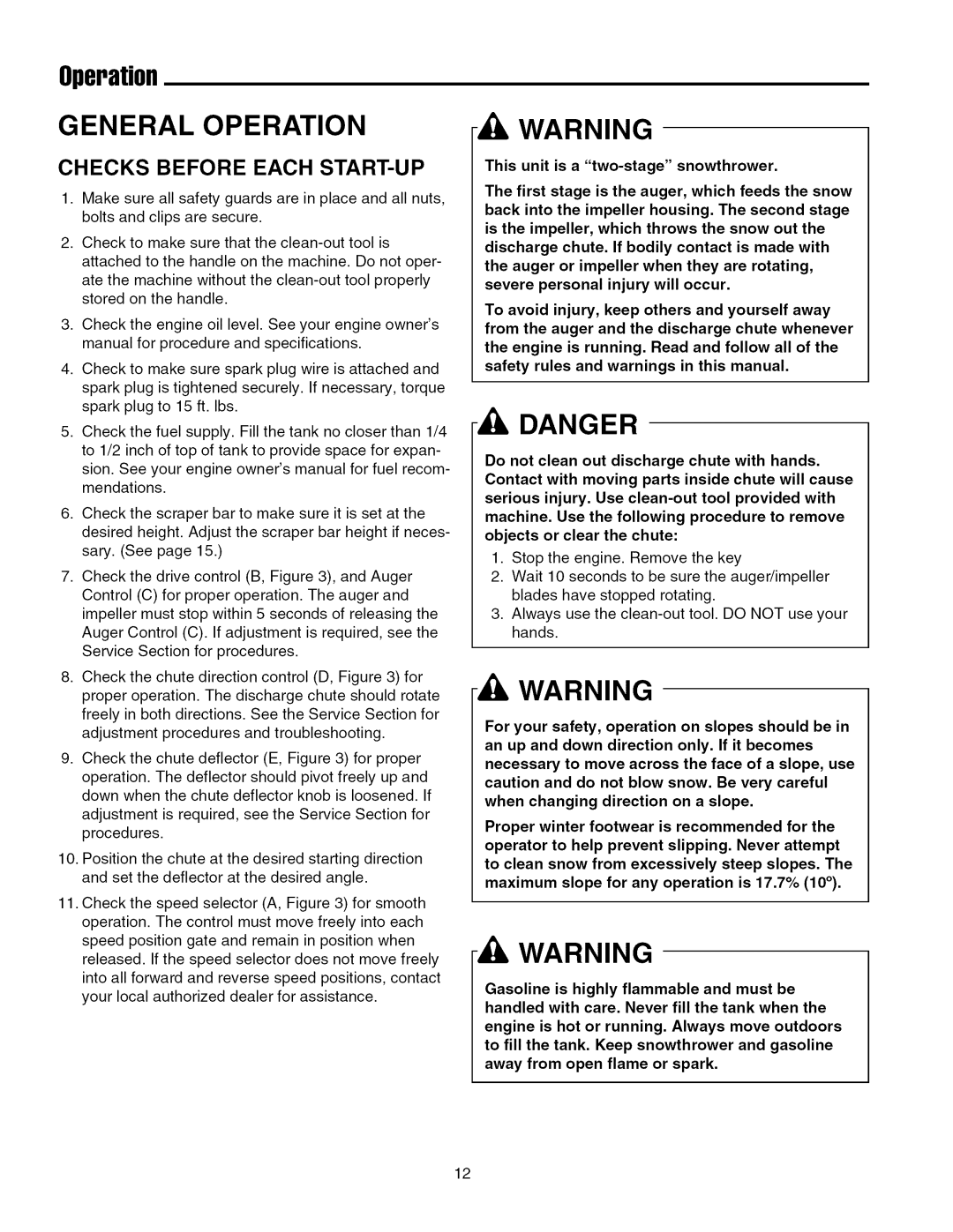 Snapper 8560, 7555 manual Operation, Checks Before Each START-UP 