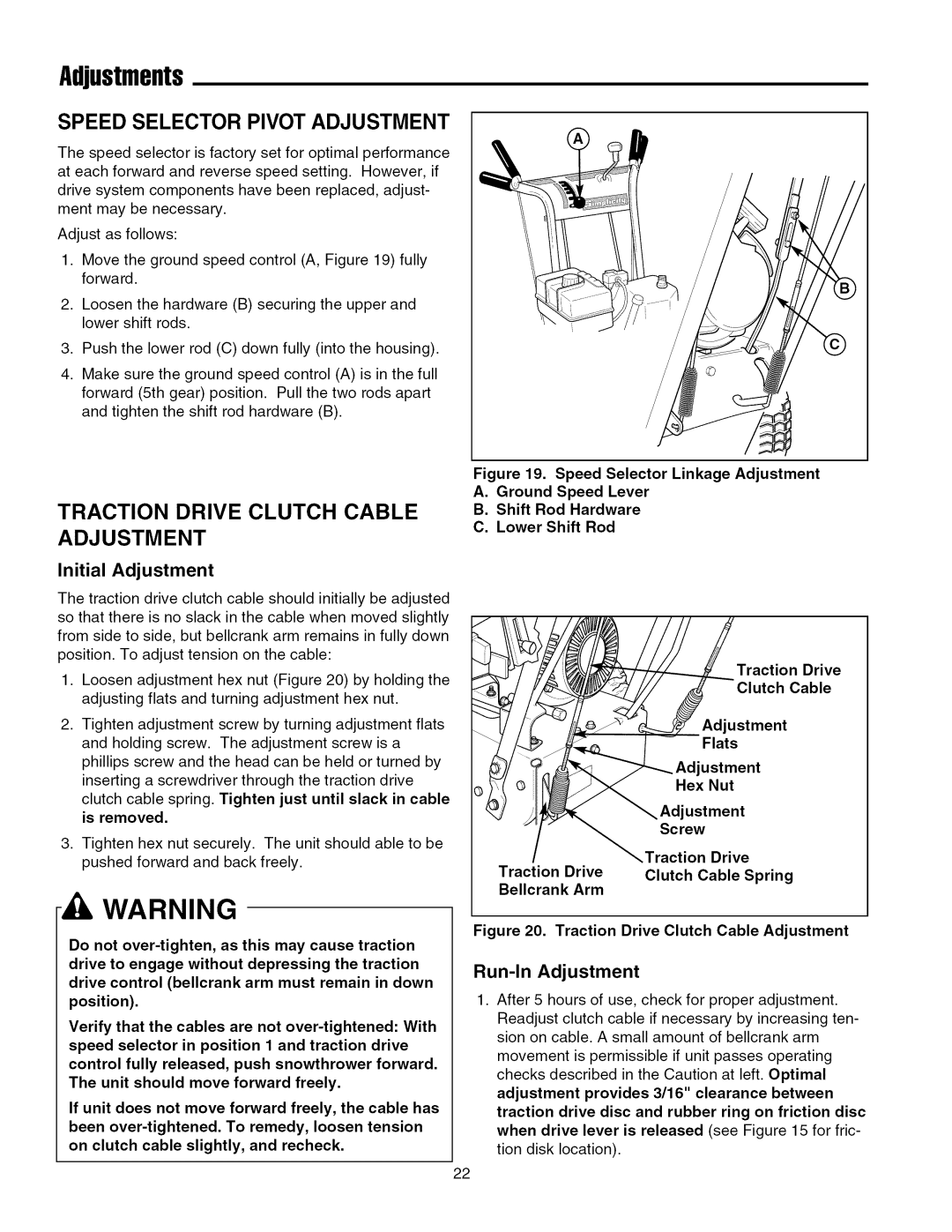 Snapper 8560 Adjustments, Speed Selector Pivot Adjustment, Traction Drive Clutch Cable Adjustment, Initial Adjustment 