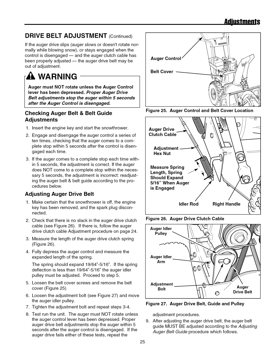 Snapper 7555, 8560 manual Checking Auger Belt & Belt Guide Adjustments, Adjusting Auger Drive Belt 