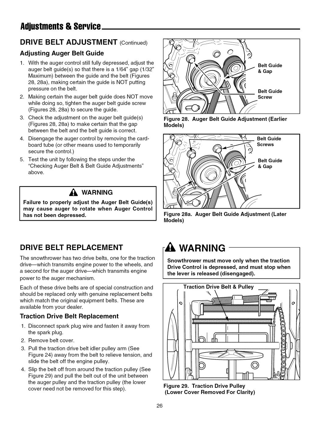 Snapper 8560, 7555 manual Adjustments& Service, Adjusting Auger Belt Guide, Traction Drive Belt Replacement 