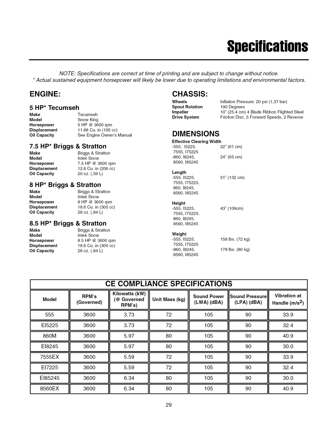 Snapper 7555, 8560 manual Enginechassis, CE Compliance, Dimensions, Specifications 