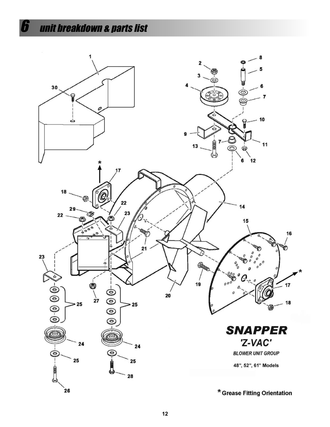 Snapper 7600004 manual Unit breakdown & parts list 