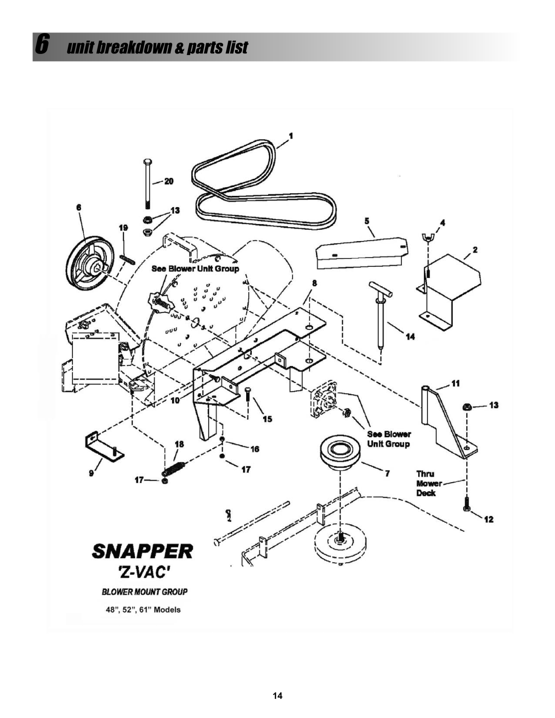 Snapper 7600004 manual Unit breakdown & parts list 