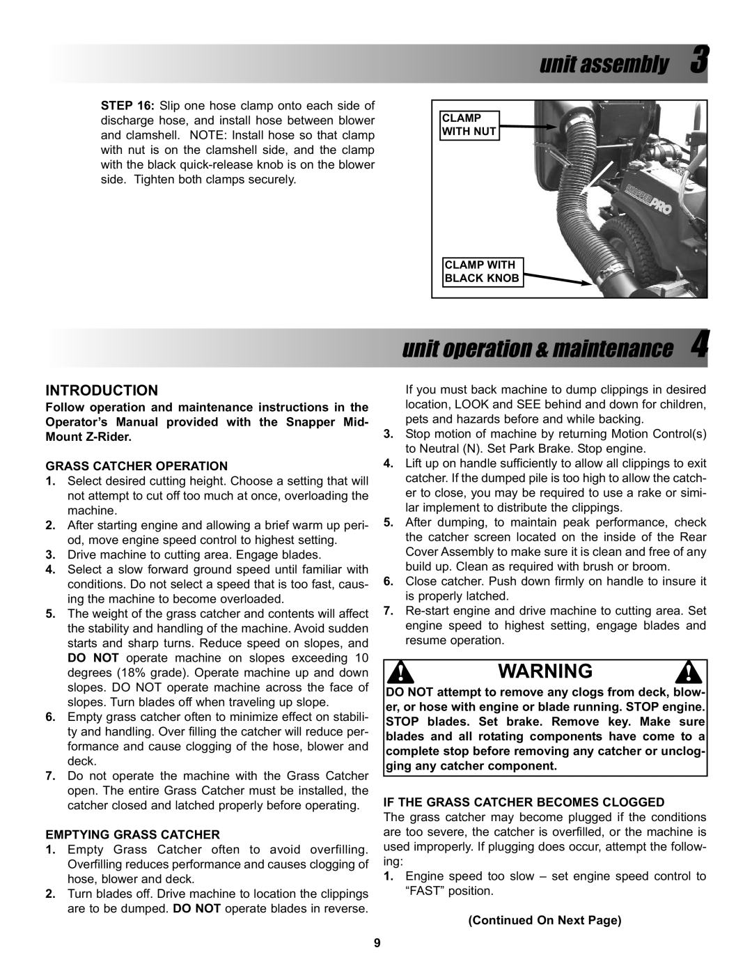 Snapper 7600004 manual Unit operation & maintenance, Introduction 