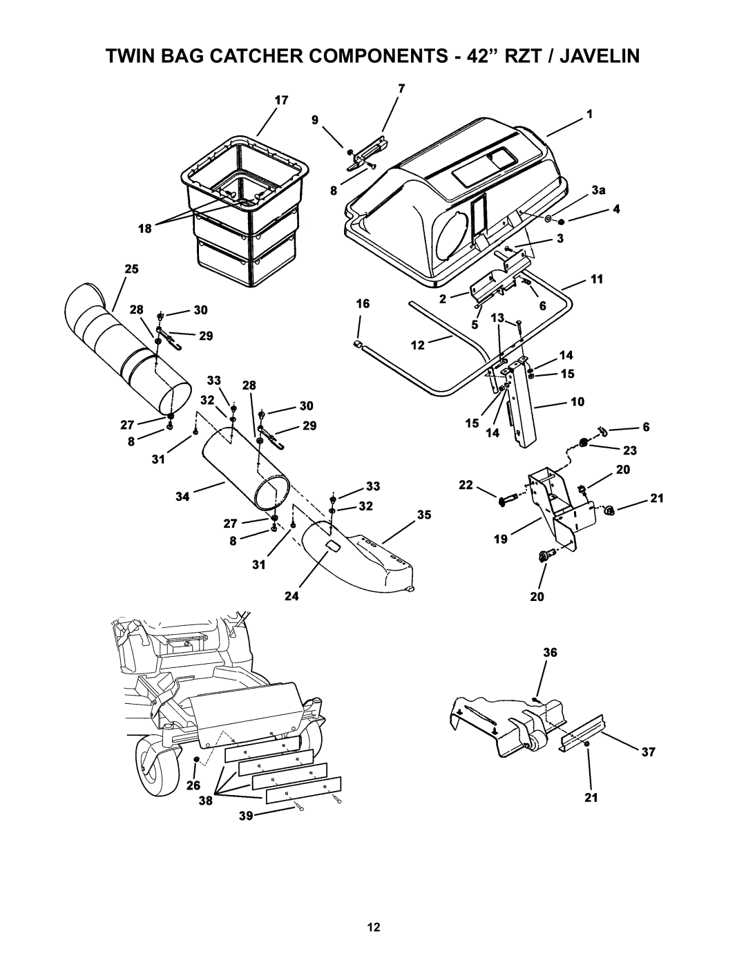 Snapper 7600024, 7600023, 7600023, 7600024 manual Twin BAG Catcher Components 42 RZT / Javelin 