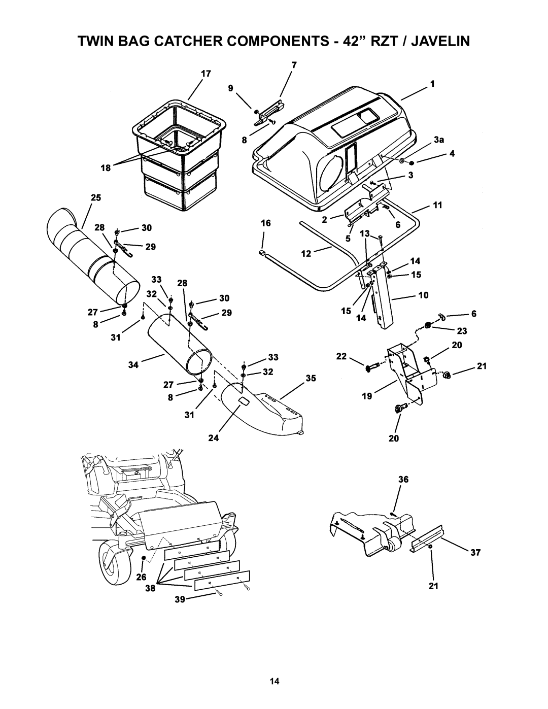 Snapper 7600024, 7600023, 7600023, 7600024 manual Twin BAG Catcher Components 42 RZT / Javelin 