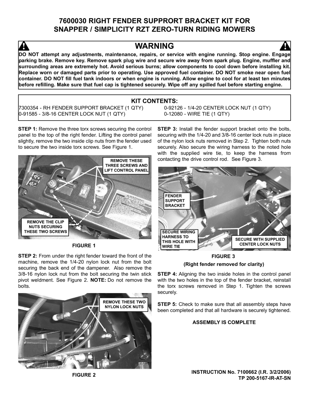 Snapper 7600030 manual KIT Contents 