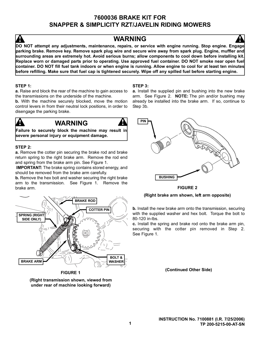 Snapper 7600036 manual Step, Right brake arm shown, left arm opposite 