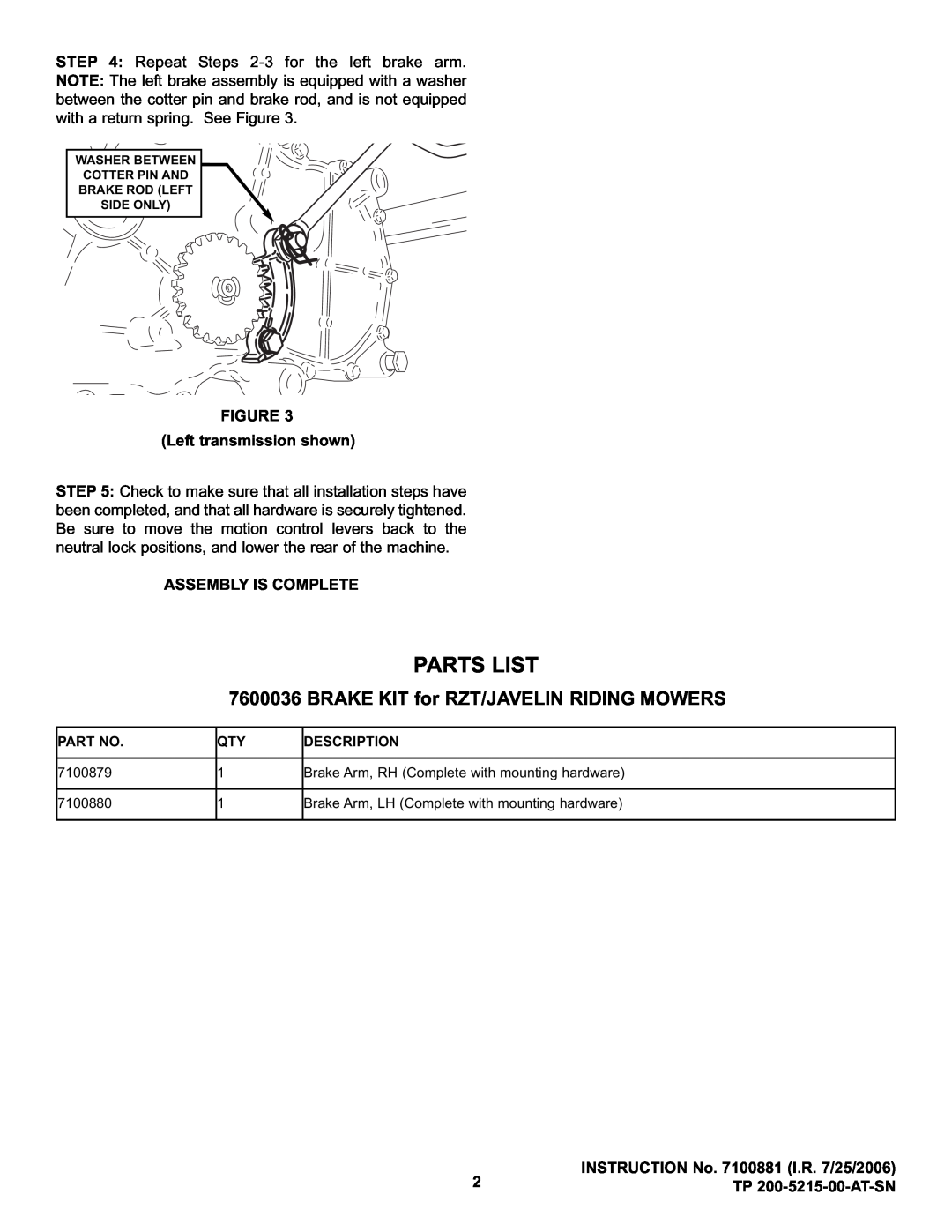 Snapper 7600036 manual Parts List, BRAKE KIT for RZT/JAVELIN RIDING MOWERS 