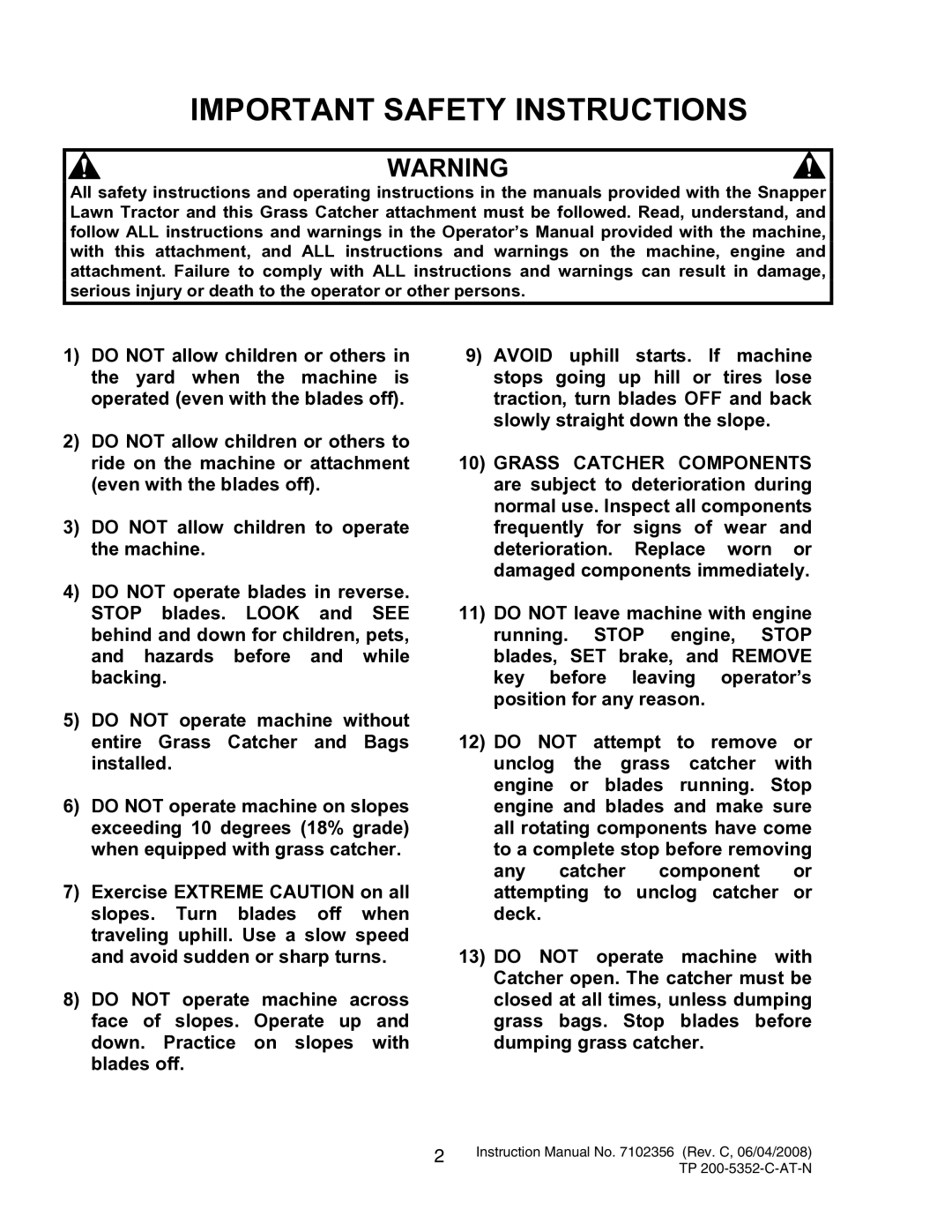 Snapper 7600069 - 7600070 instruction manual Important Safety Instructions 