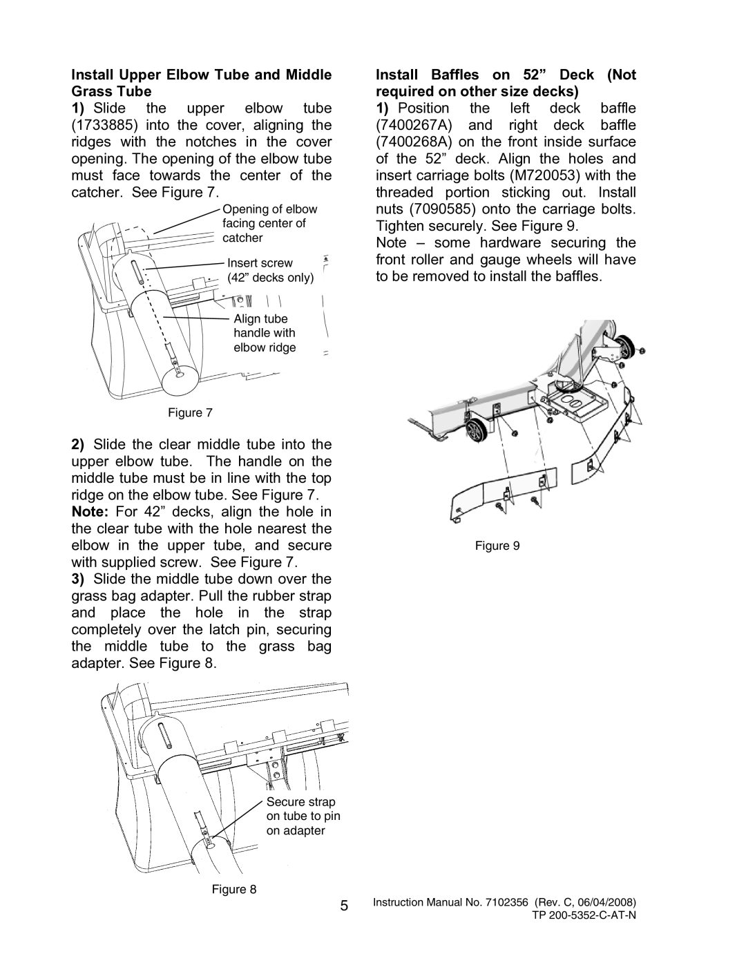 Snapper 7600069 - 7600070 instruction manual Install Upper Elbow Tube and Middle Grass Tube 