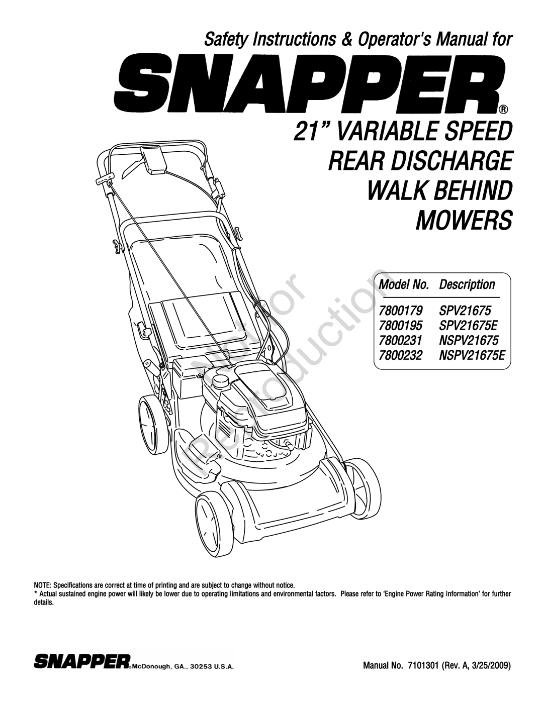 Snapper 7800179, 7800195, 7800231, 7800232 specifications Orf, Manual No Rev. A, 3/25/2009 