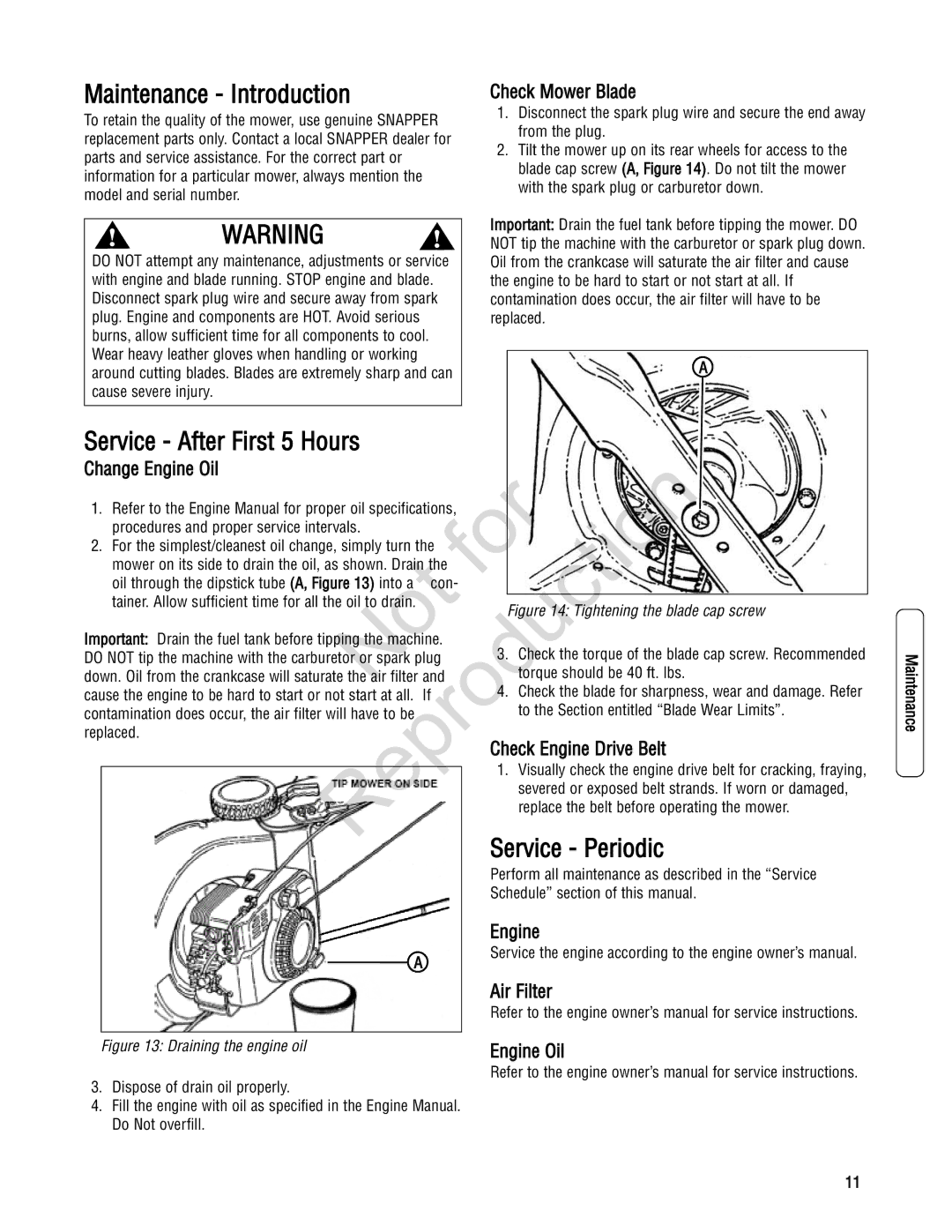 Snapper 7800232, 7800195, 7800179, 7800231 Maintenance Introduction, Service After First 5 Hours, Service Periodic 