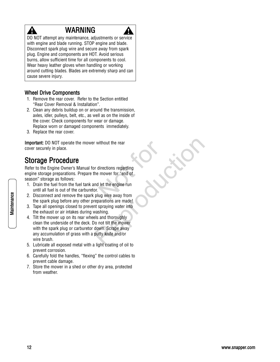 Snapper 7800195, 7800179, 7800231, 7800232 specifications Storage Procedure, Wheel Drive Components 