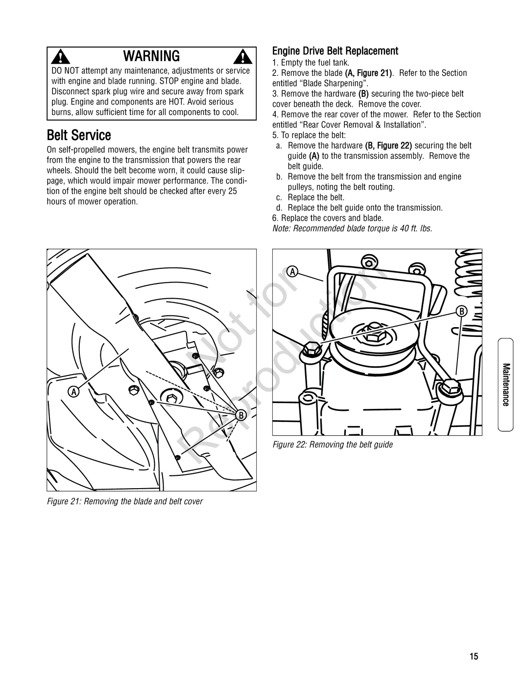 Snapper 7800232, 7800195, 7800179, 7800231 specifications Belt Service, Engine Drive Belt Replacement 