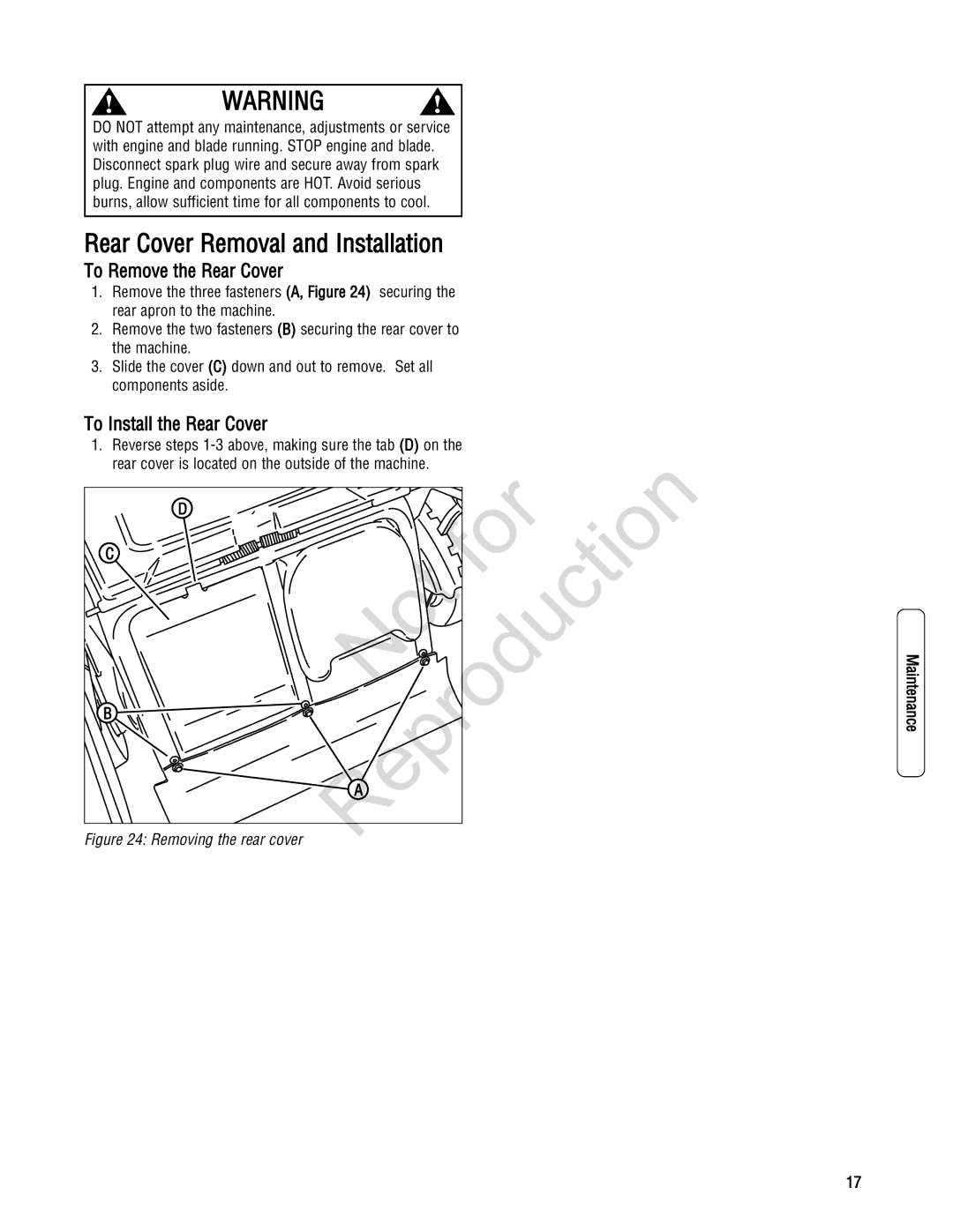 Snapper 7800179, 7800195, 7800231 Rear Cover Removal and Installation, To Remove the Rear Cover, To Install the Rear Cover 