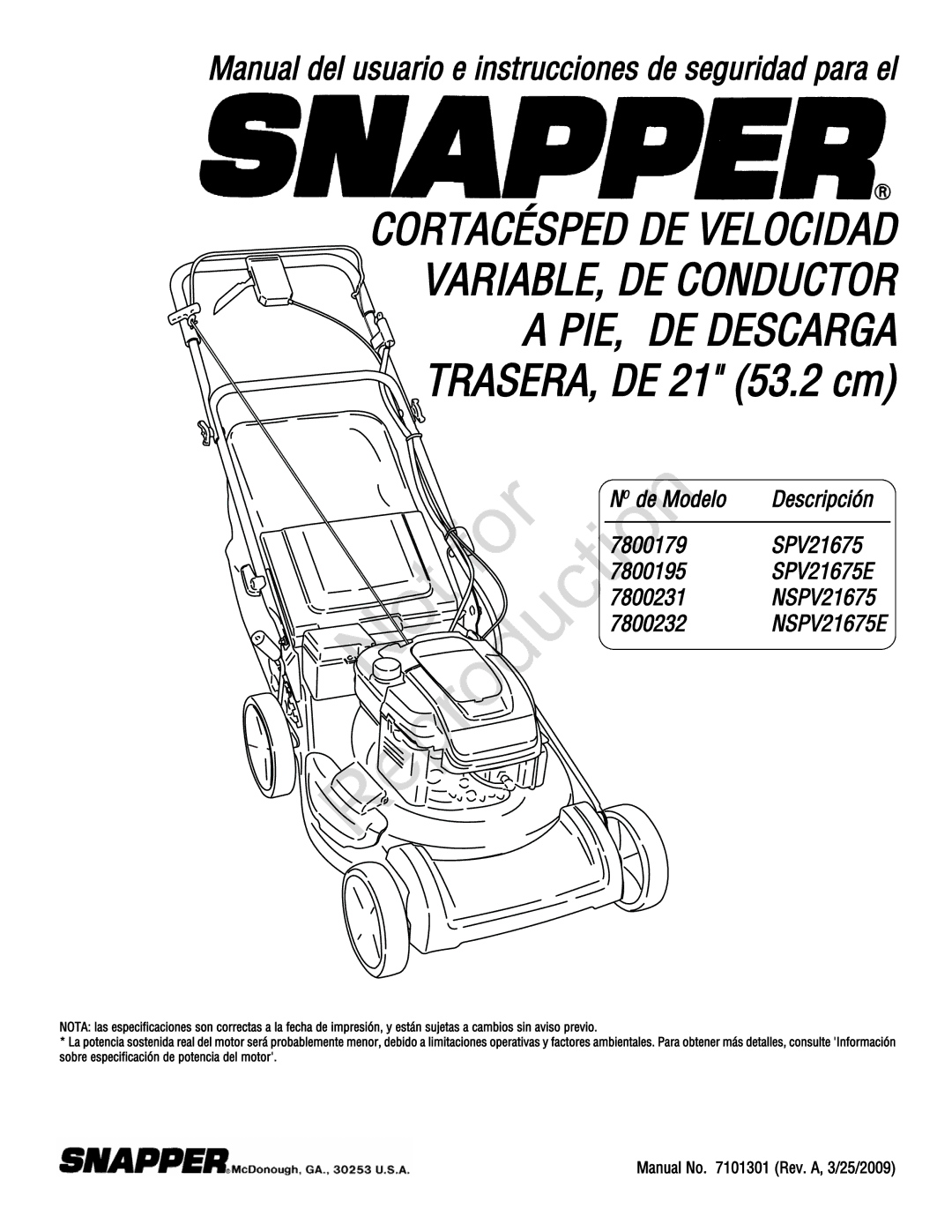 Snapper 7800179, 7800195, 7800231, 7800232 specifications Manual del usuario e instrucciones de seguridad para el 