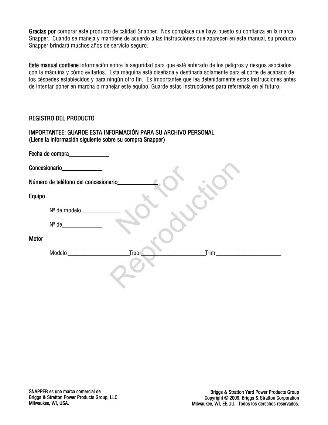 Snapper 7800231, 7800195, 7800179, 7800232 specifications Fecha de compra, Reproduction, Concesionario, Milwaukee, WI, USA 