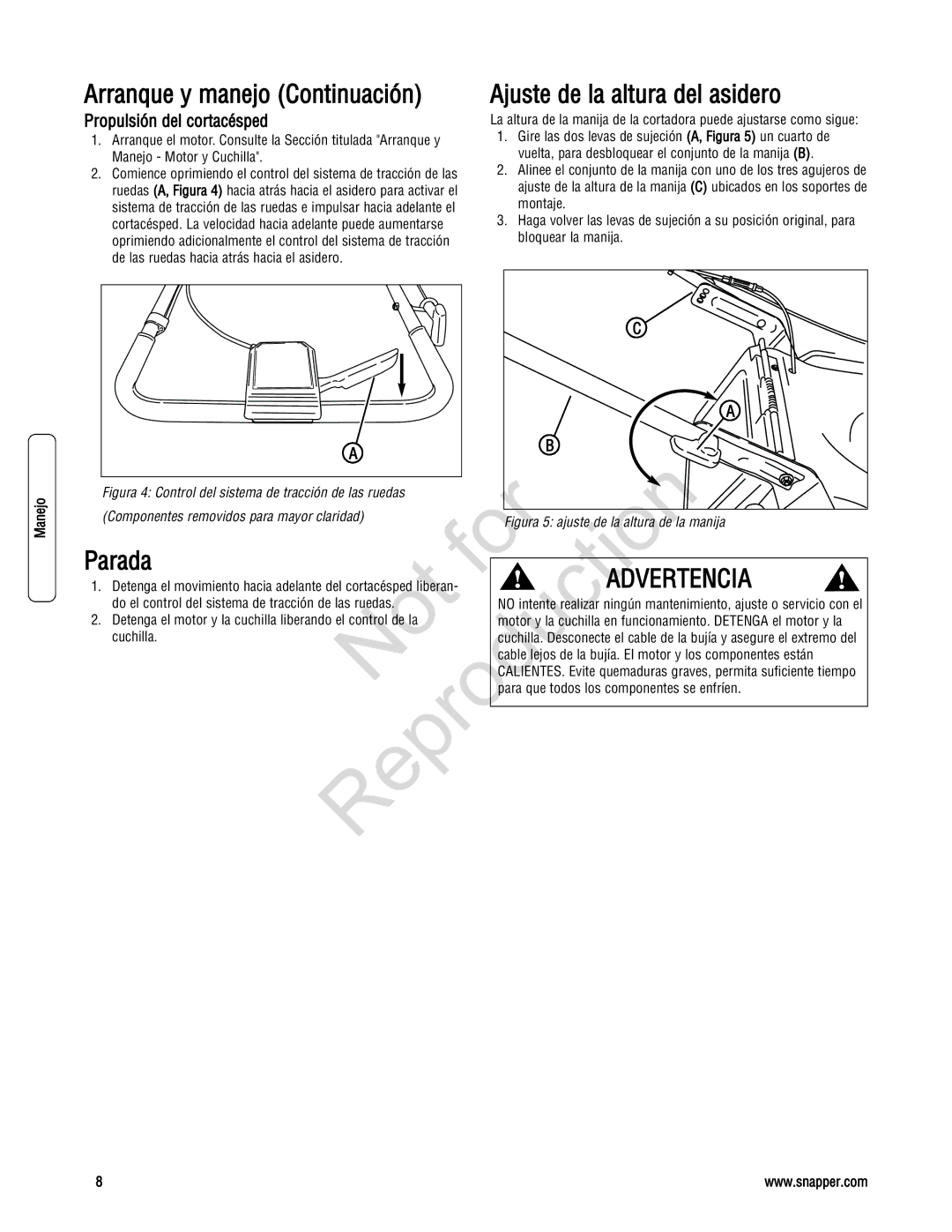 Snapper 7800195 Arranque y manejo Continuación, Ajuste de la altura del asidero, Parada, Propulsión del cortacésped 