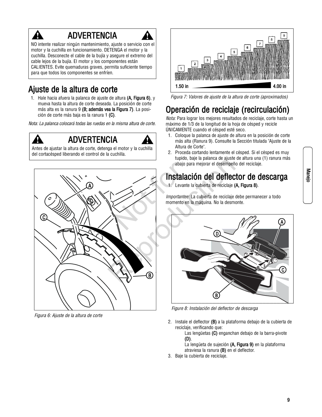 Snapper 7800179, 7800195, 7800231, 7800232 Ajuste de la altura de corte, Instalac ón del deflector de descarga, 4.00 