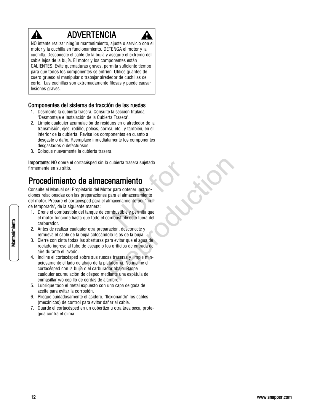 Snapper 7800195, 7800179, 7800231 Procedimiento de almacenamiento, Componentes del sistema de tracción de las ruedas 