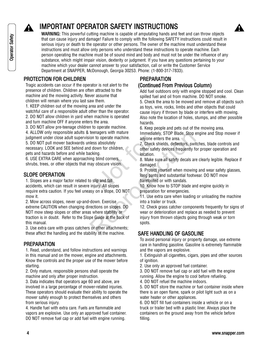 Snapper 7800195, 7800179, 7800231, 7800232 specifications From Previous Column 