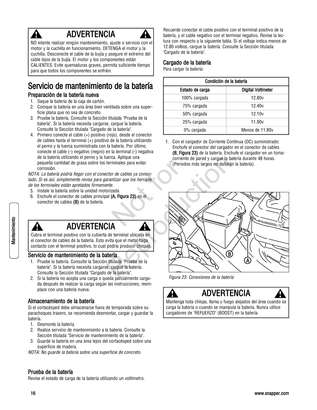 Snapper 7800195, 7800179, 7800231 Servicio de mantenimiento de la batería, Prueba de la batería, Cargado de la batería 