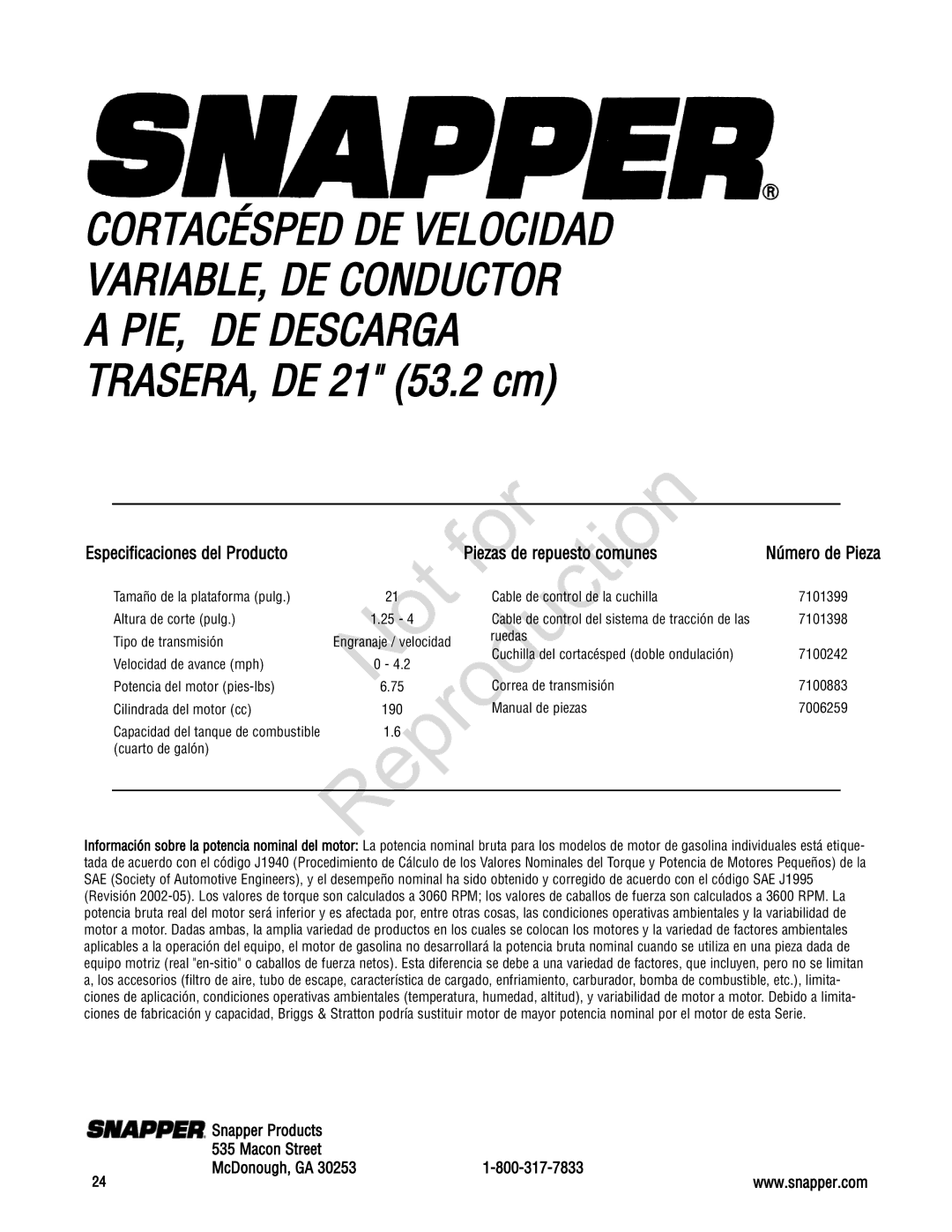 Snapper 7800195, 7800179, 7800231, 7800232 specifications Especificaciones del Producto, Número de Pieza 