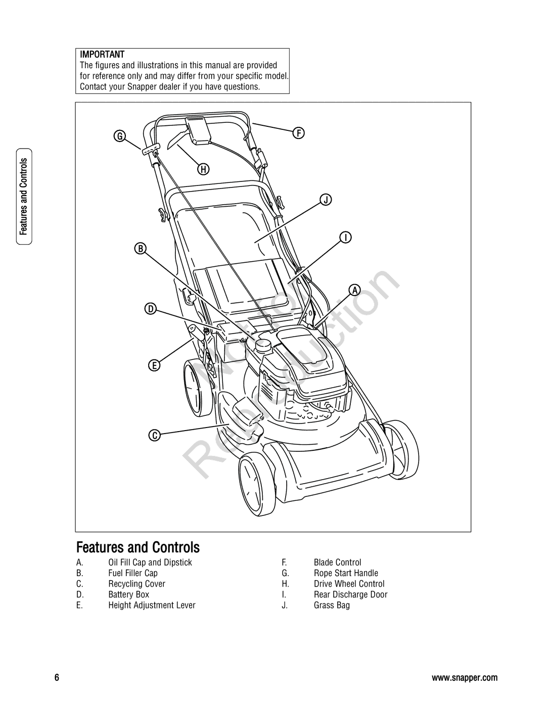 Snapper 7800231, 7800195 Features and Controls, Battery Box, Height Adjustment Lever Grass Bag, Drive Wheel Control 