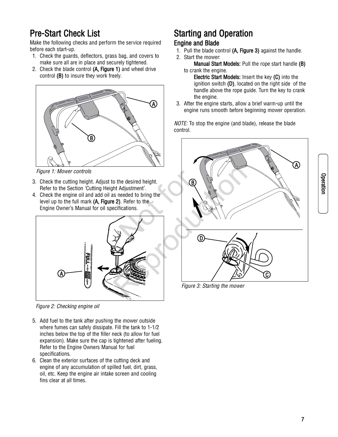 Snapper 7800232, 7800195, 7800179, 7800231 specifications Pre-Start Check List, Engine and Blade, Operation 