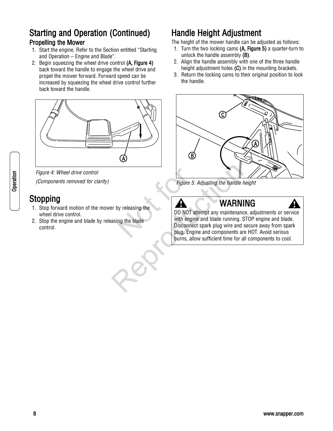 Snapper 7800195, 7800179, 7800231, 7800232 specifications Handle Height Adjustment, Stopping, Propelling the Mower 