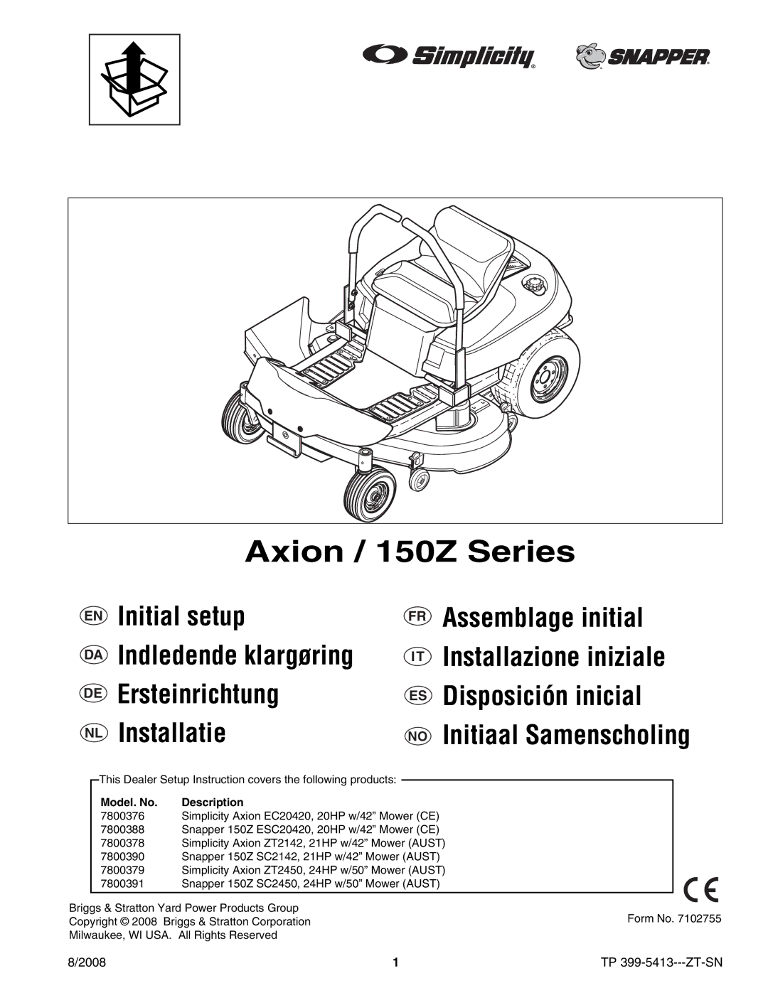 Snapper 7800376 manual Axion / 150Z Series 