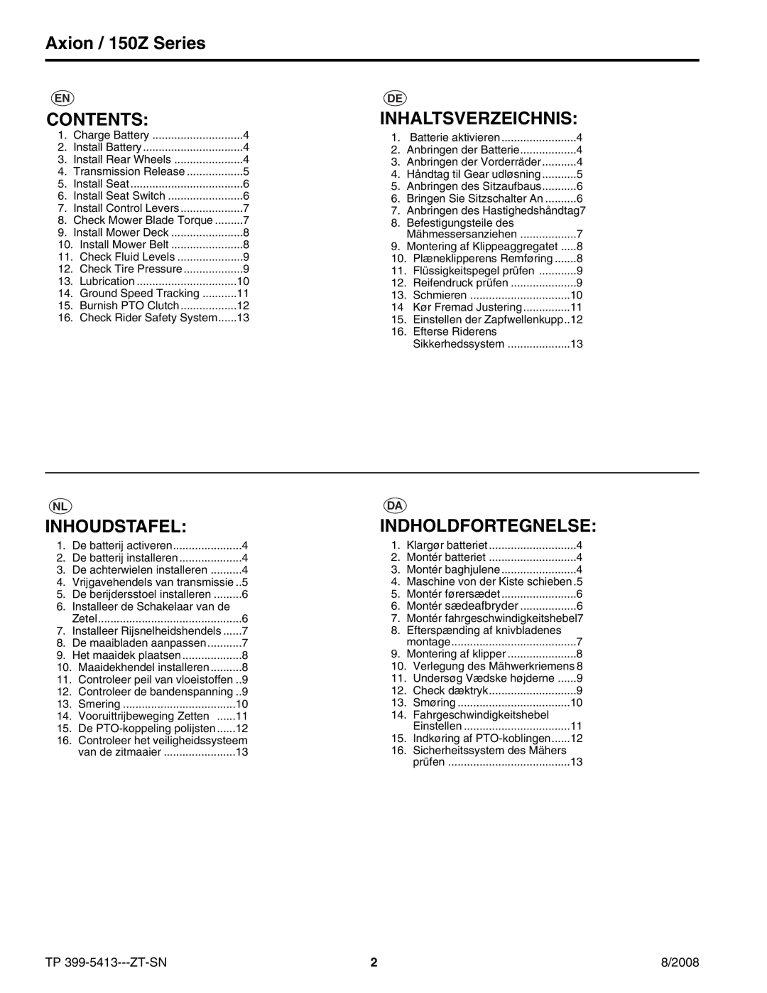 Snapper 7800376 manual Contents Inhaltsverzeichnis, Inhoudstafel, Indholdfortegnelse 