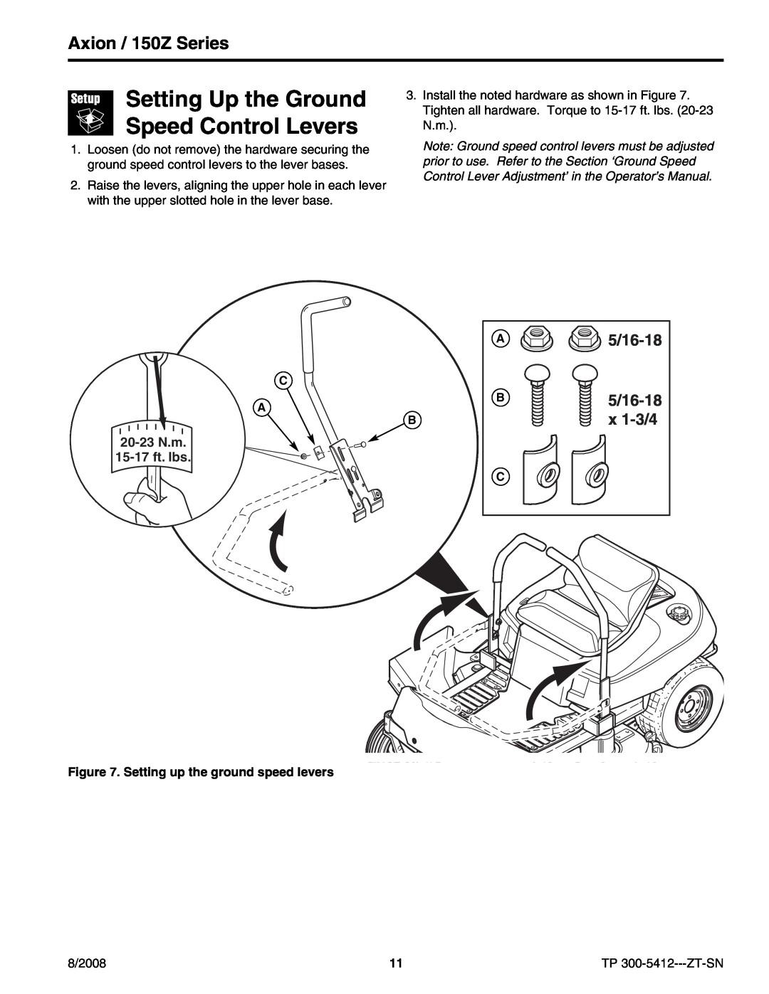 Snapper 7800391 Setting Up the Ground Speed Control Levers, 5/16-18 5/16-18 x 1-3/4, Axion / 150Z Series, C A B, A B C 