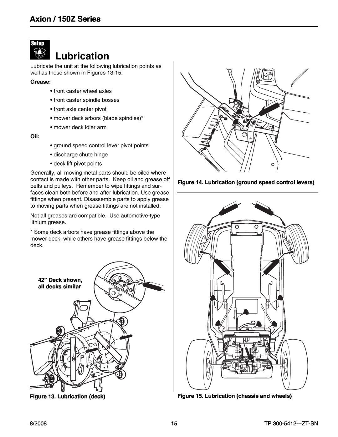 Snapper 7800388, 7800391, 7800390 Axion / 150Z Series, Grease, 42” Deck shown, all decks similar . Lubrication deck 